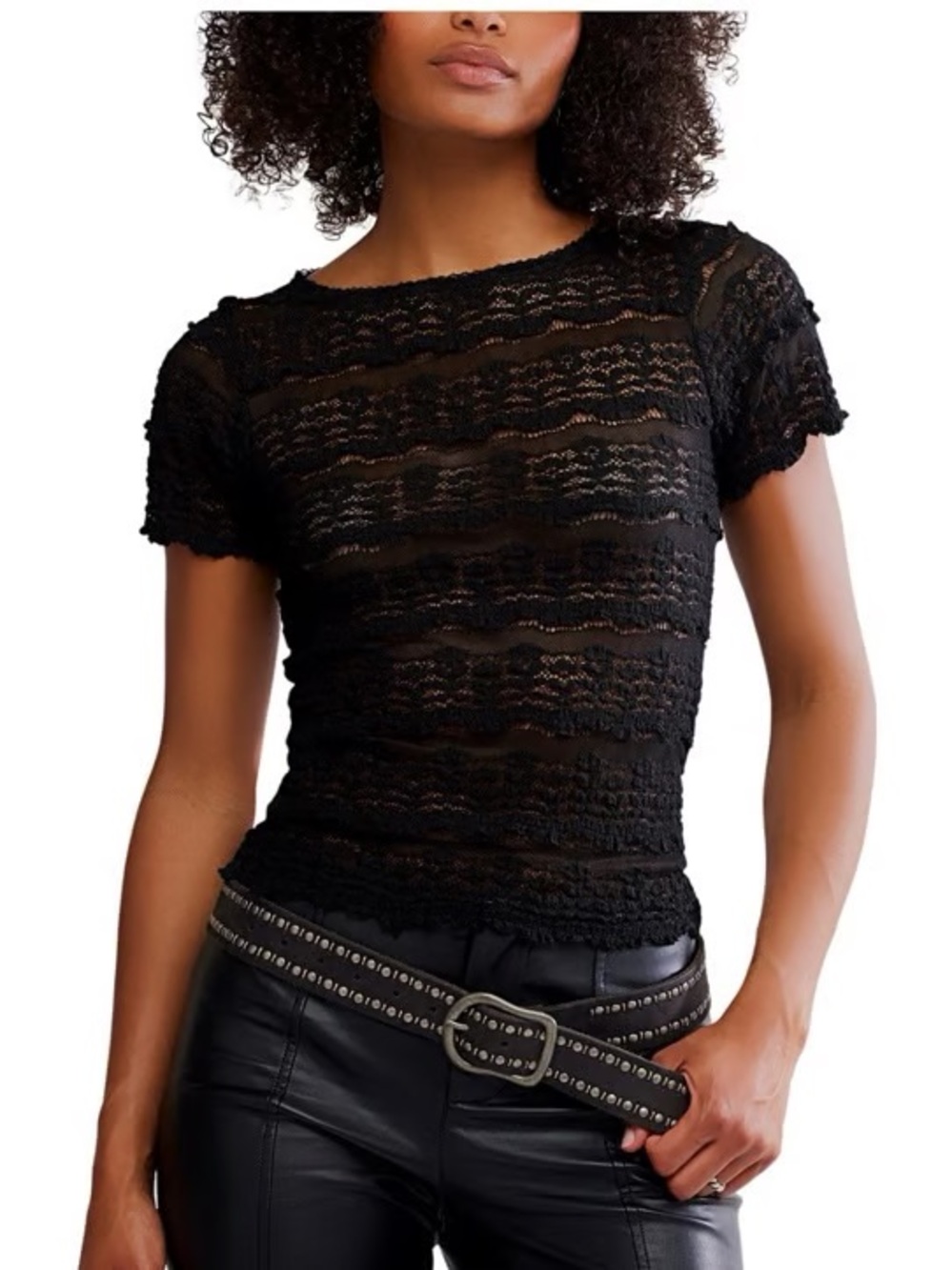 Free People Angelina Black Lace Short-Sleeve Sheer Tee ⭐️